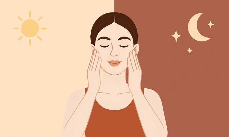 Illustration showing a woman practicing face yoga with arrows indicating upward facial muscle movement, paired with the text 'Science Behind the Glow: Why Face Yoga Works'