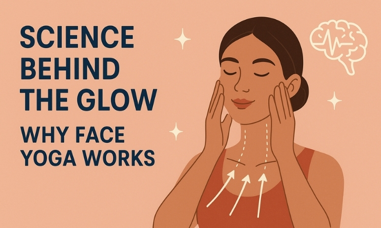 Illustration showing a woman practicing face yoga with arrows indicating upward facial muscle movement, paired with the text 'Science Behind the Glow: Why Face Yoga Works'